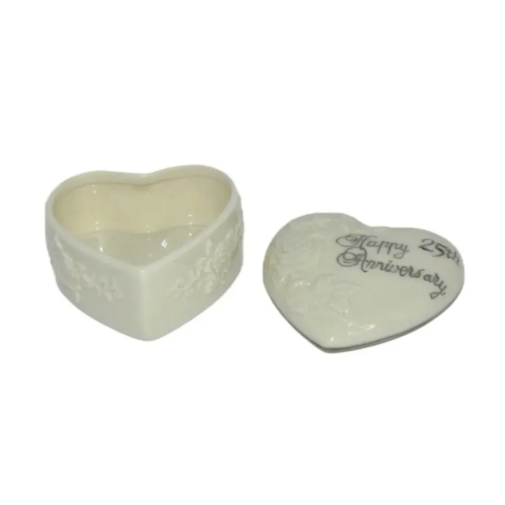 Heart-Shaped Porcelain Happy 25th Anniversary Trinket Box Rose Embossed Design